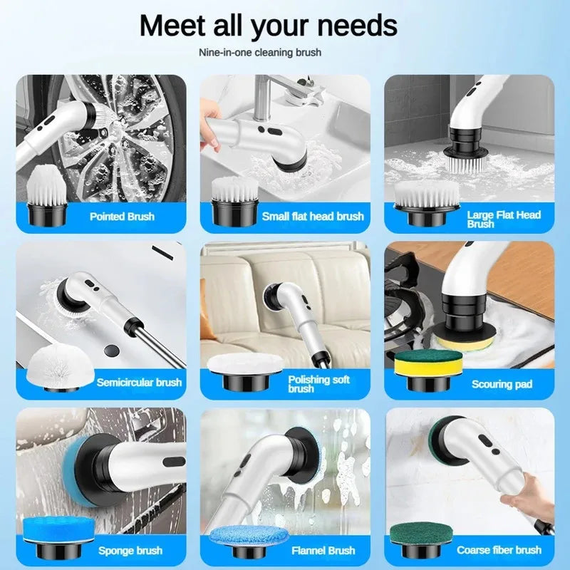 Rizano 9-in-1 Cordless Electric Spin Scrubber – Rechargeable Cleaning Brush with Adjustable Handle
