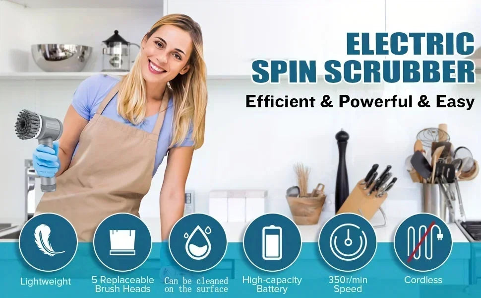 Rizano™ Cordless Electric Spin Scrubber – Rechargeable 5-in-1 Bathroom & Kitchen Cleaning Brush