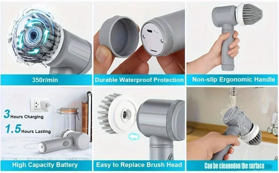Rizano™ Cordless Electric Spin Scrubber – Rechargeable 5-in-1 Bathroom & Kitchen Cleaning Brush