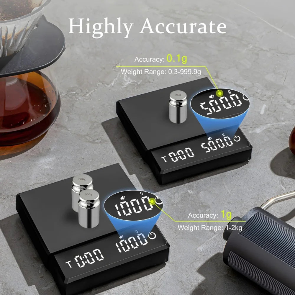 Rizano Rechargeable Digital Coffee Scale – 2kg Precision Kitchen Scale with Timer & USB-C Charging